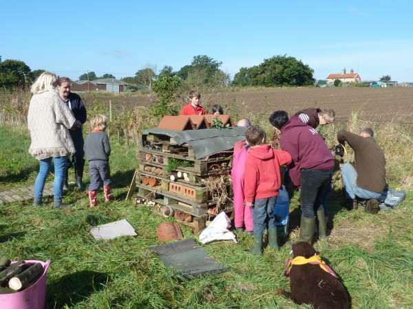 Parents and children building the Insect House