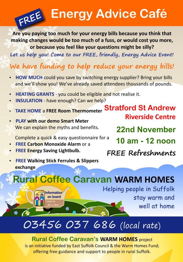 RCCWH ENERGY ADVICE CAFE A5 flyer STRATFORD ST ANDREW Nov 2019 2
